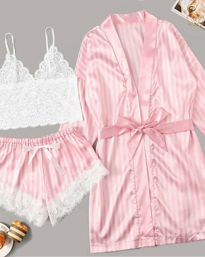 

Sleeveless Striped Lace Three Piece Sleepwear, Pink