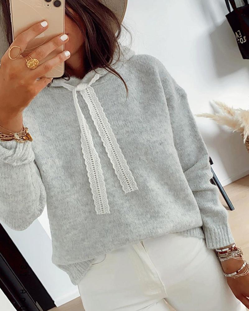 

Eyelet Embroidery Fluffy Hooded Top, Gray