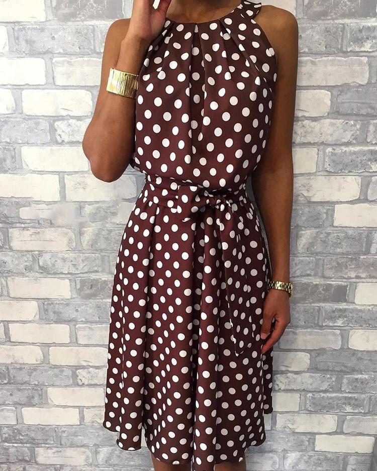 

Polka Dot Sleeveless Belted Casual Dress, Coffee