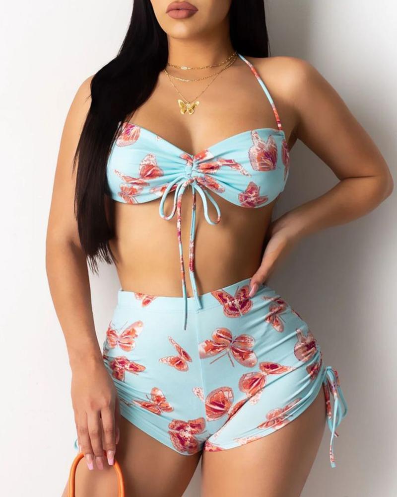

Butterfly Tie Dye Print Halter Backless High Waist Bikini Sets, Light blue
