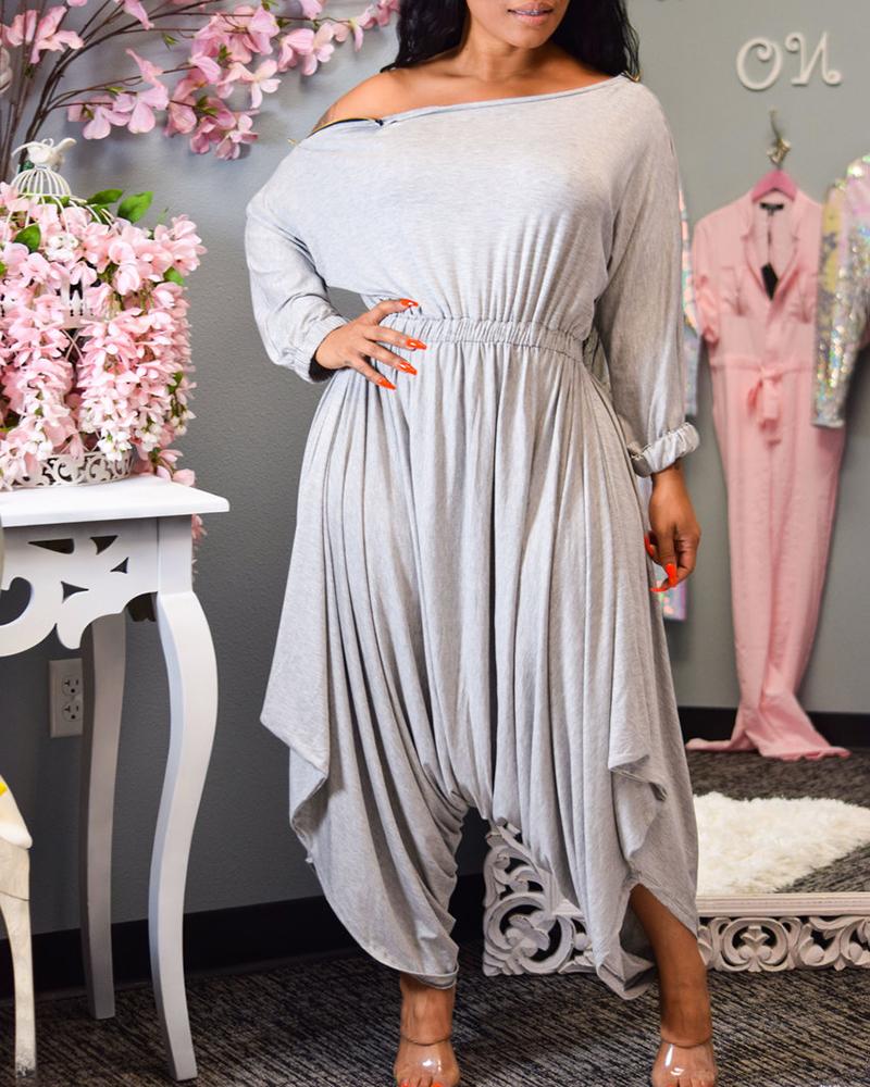 

Solid Long Sleeve Tight Waist Ruched Jumpsuit, Gray
