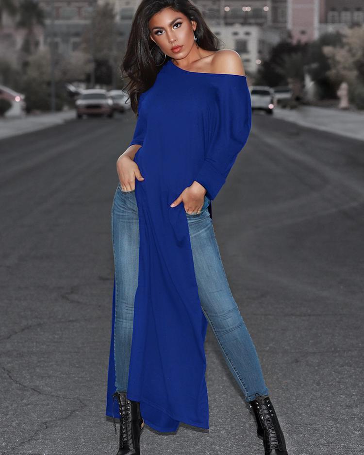 

Stylish Solid High Slit Casual Blouse, Blue
