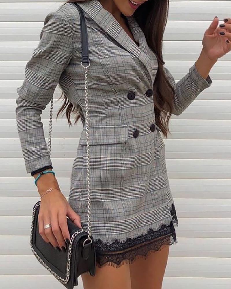 

Grid Lace Buttoned Blazer Dress, Gray