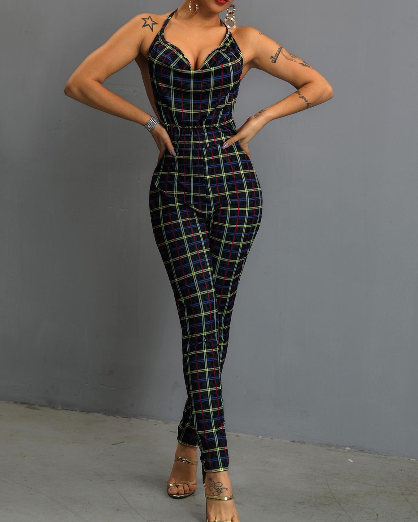 

Deep V Halter Backless Plaid Petite Jumpsuit, Multicolor