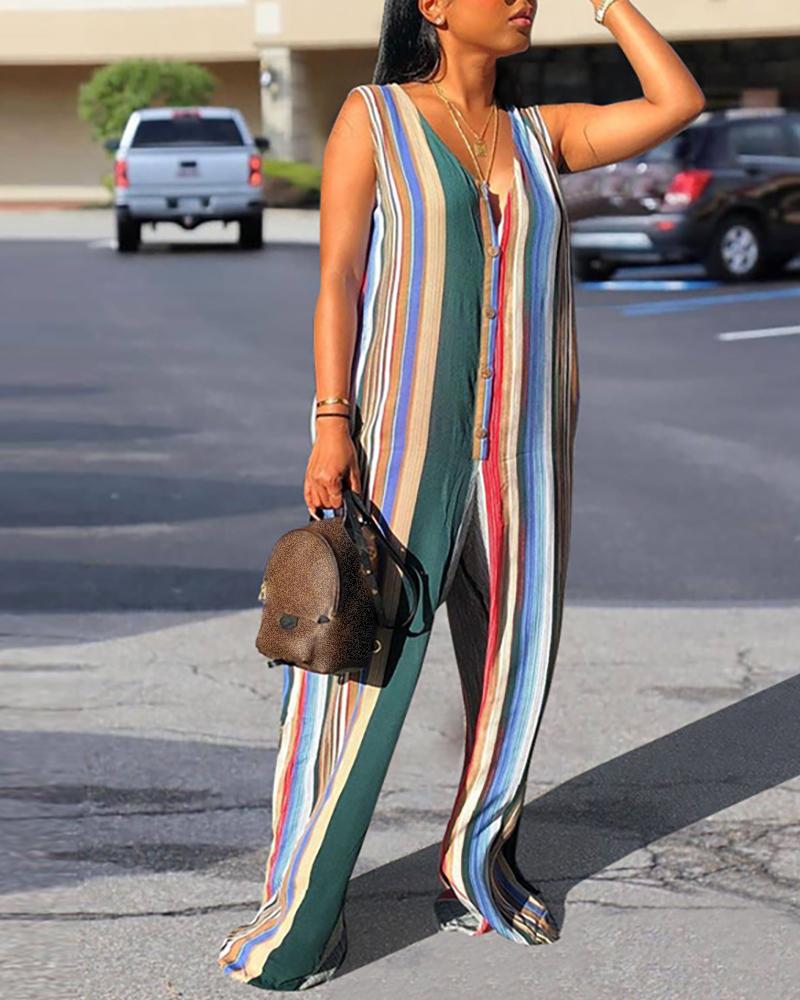 

Sleeveless Vertical Striped Buttoned Jumpsuit, Multicolor