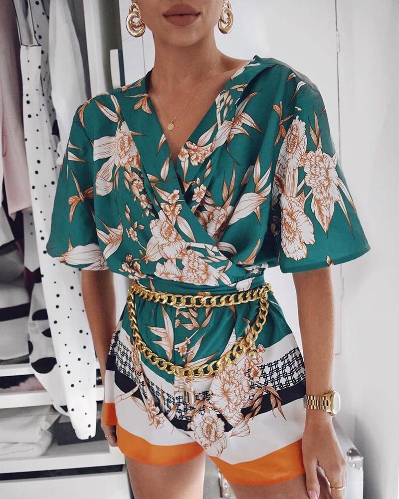 

V-neck Plant Print Casual Romper, Green