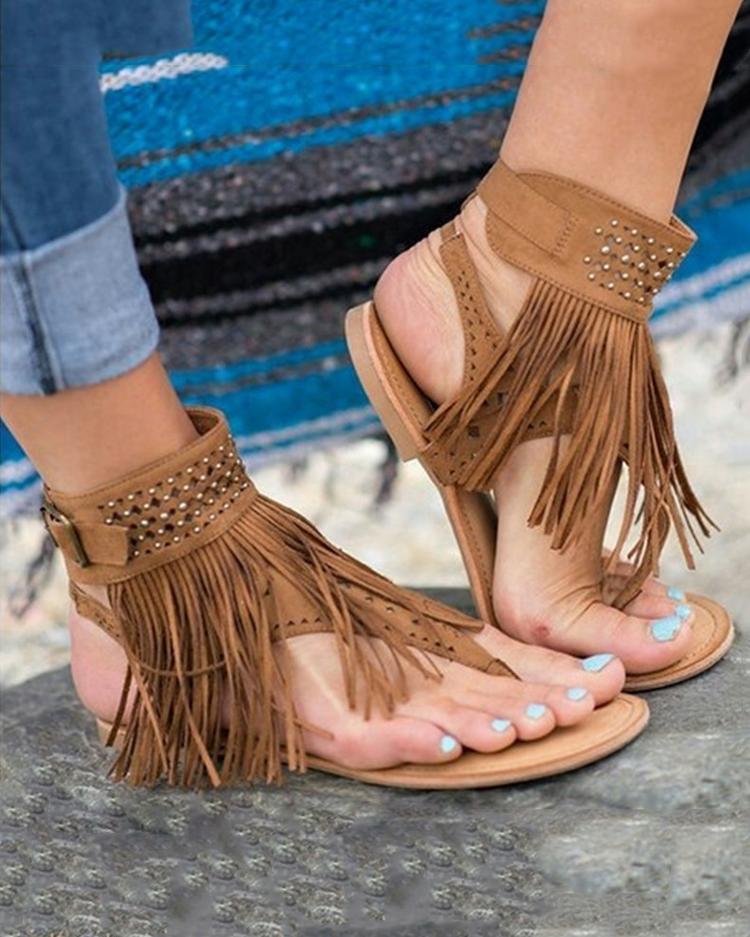 

Ethnic Style Fringe Tassel Thong Flat Sandals, White;black;brown