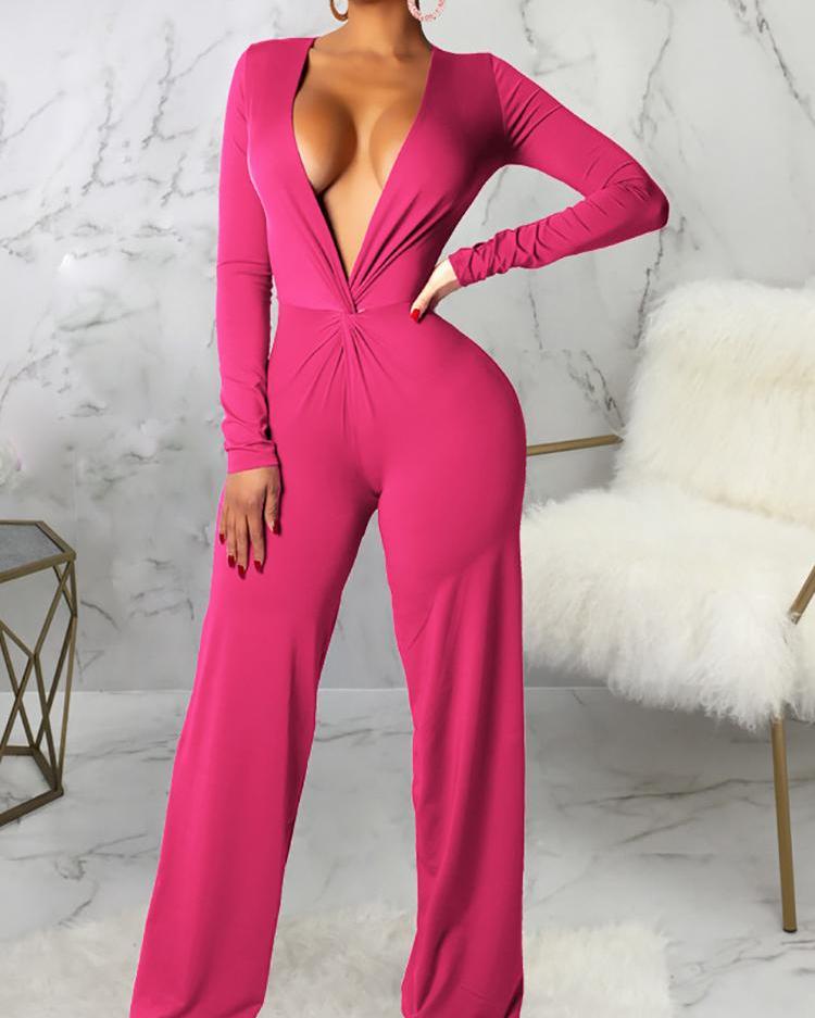 

Deep V-Neck Ruched Deign Jumpsuit, Hot pink