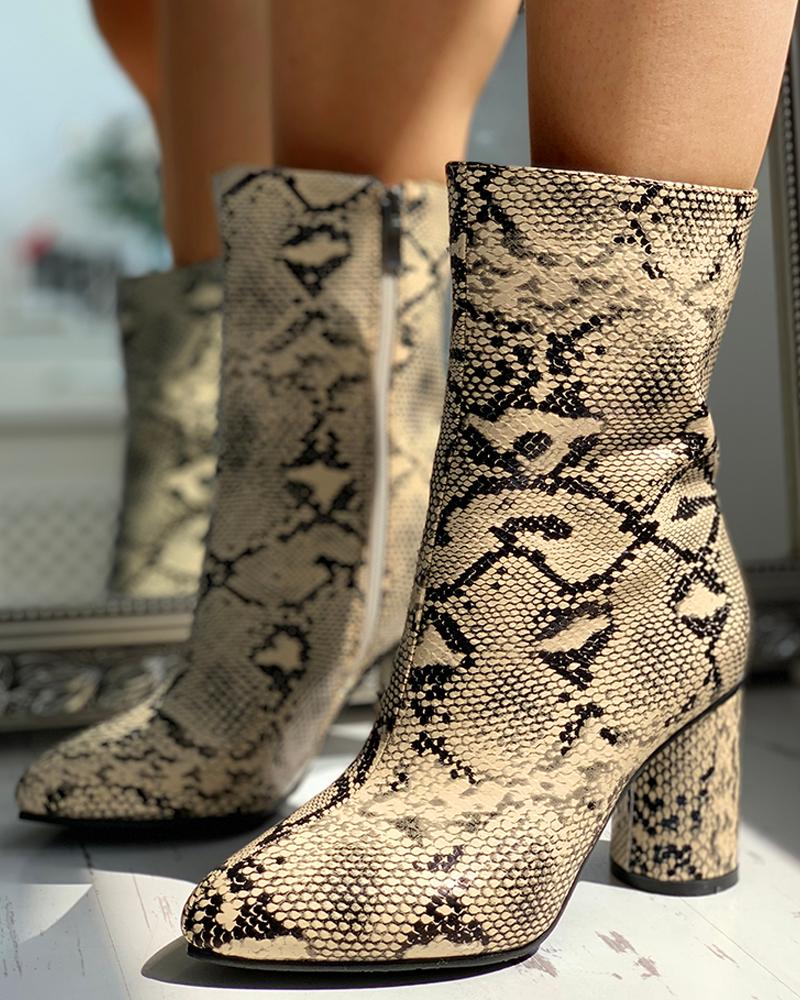 

PU Snakeskin Chunky Heeled Boots, Apricot