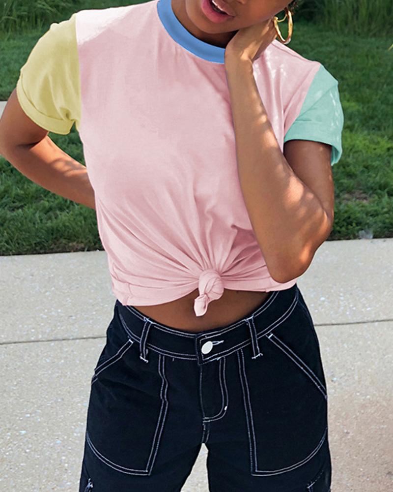 

Colorblock Round Neck Front Knot Crop Top, Pink