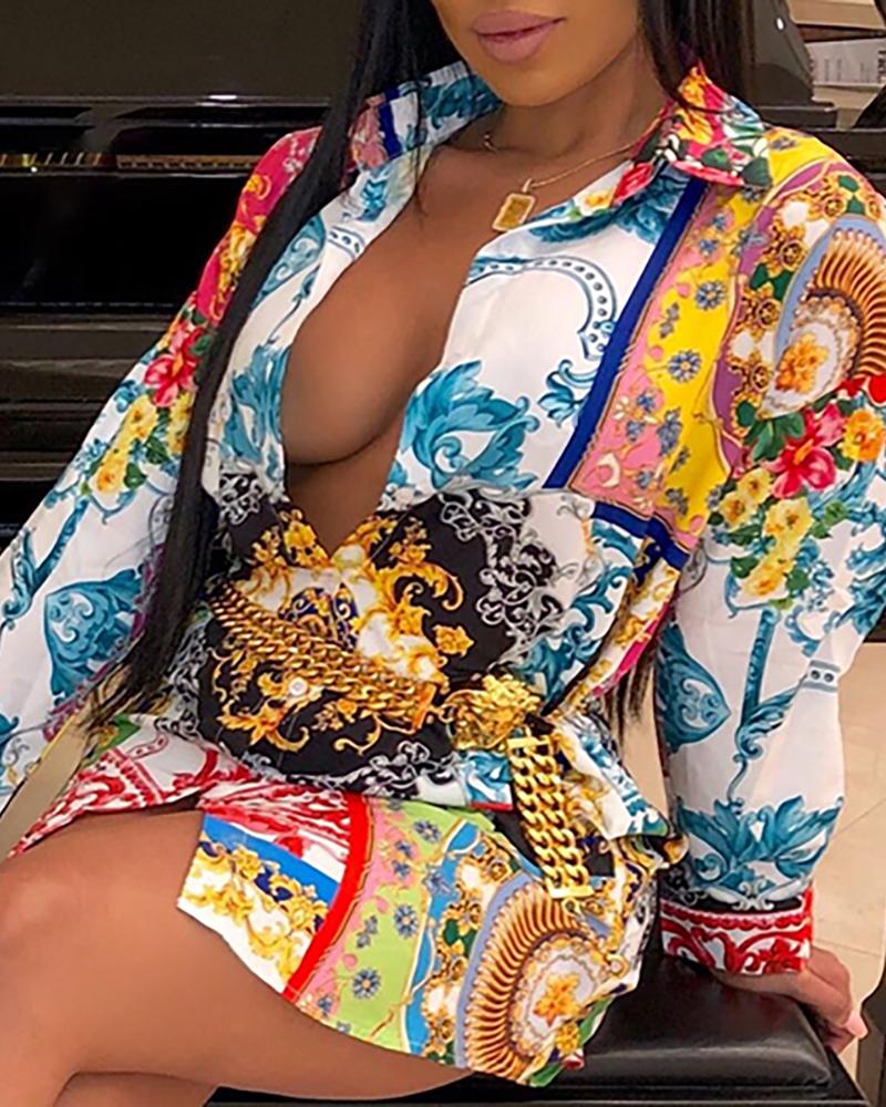 

Baroque Print Long Sleeve Turn-down Collar Shirt Dress, Multicolor