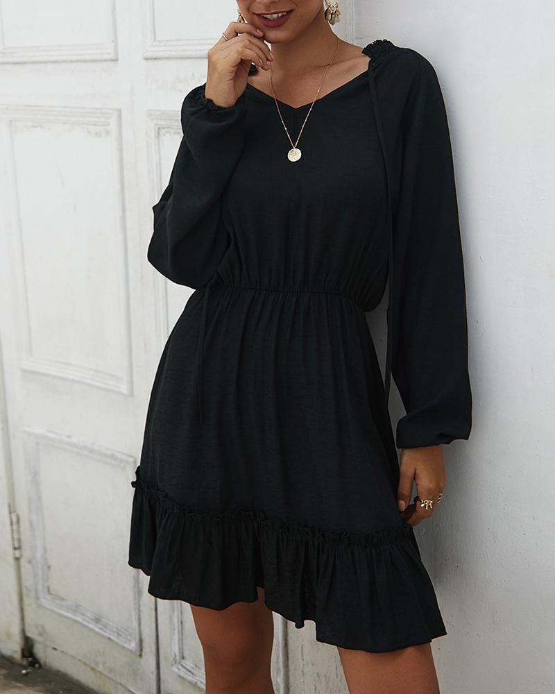 

Solid Long Sleeve Elastic Waist Dress, Black