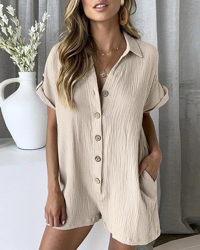 

Solid Button Design Short Sleeve Romper, Khaki