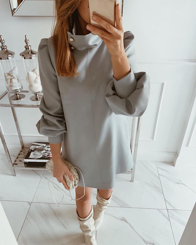 

Solid Button High Collar Dress, Gray
