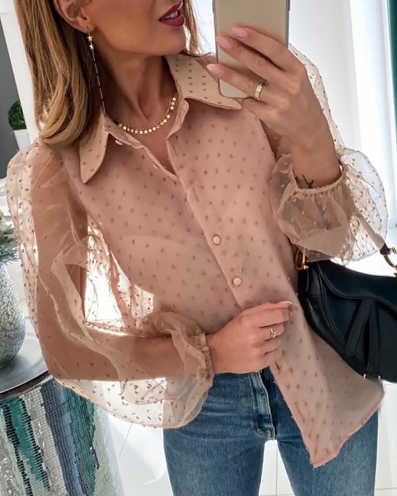 

Lantern Sleeve See Through Dot Mesh Blouse, Pink