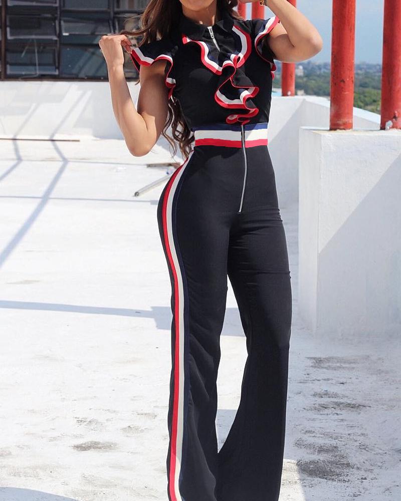 

Striped Tape Ruffles Design Jumpsuit, Black