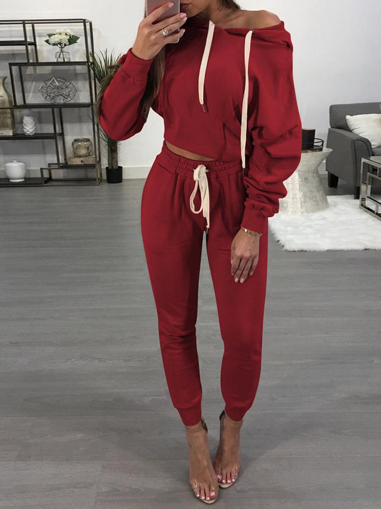 

Drawstring Hoodies Cropped Skinny Suit Set - Wine Red