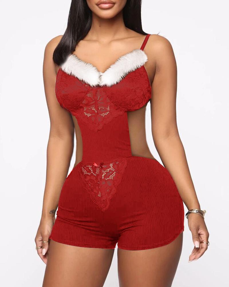 

Eyelash Lace Fluffy Trim Lounge Romper, Red