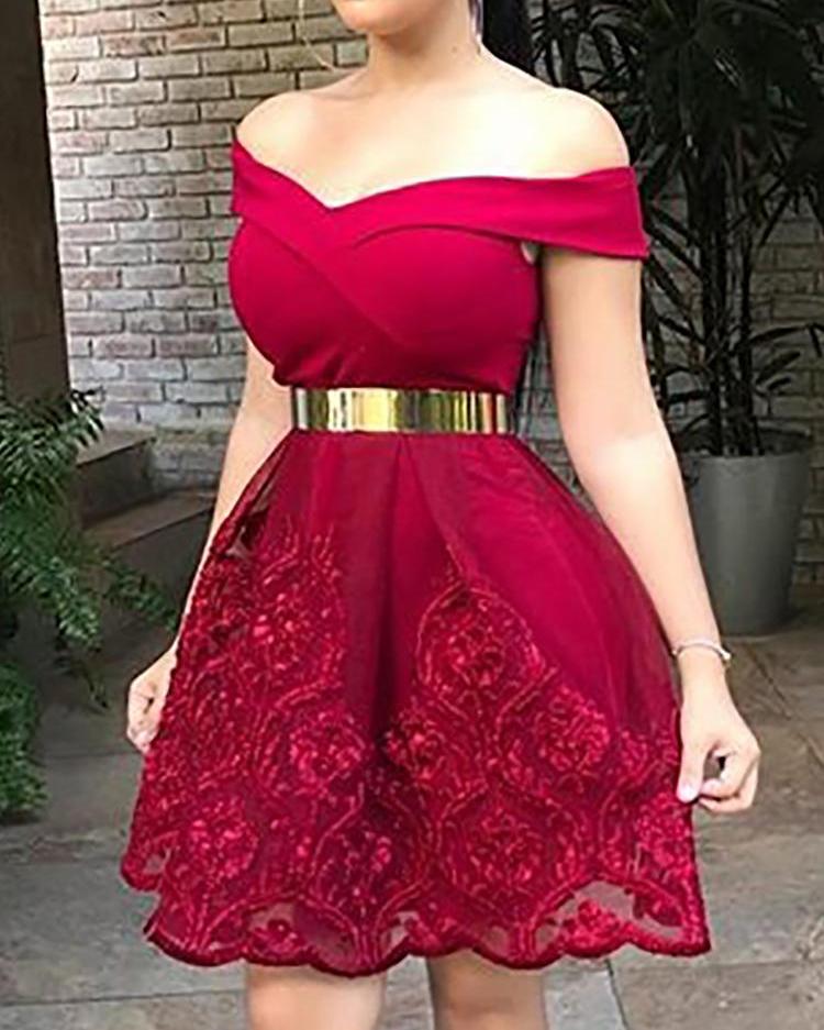 

Solid Off Shoulder Floral Embroidery Dress, Red