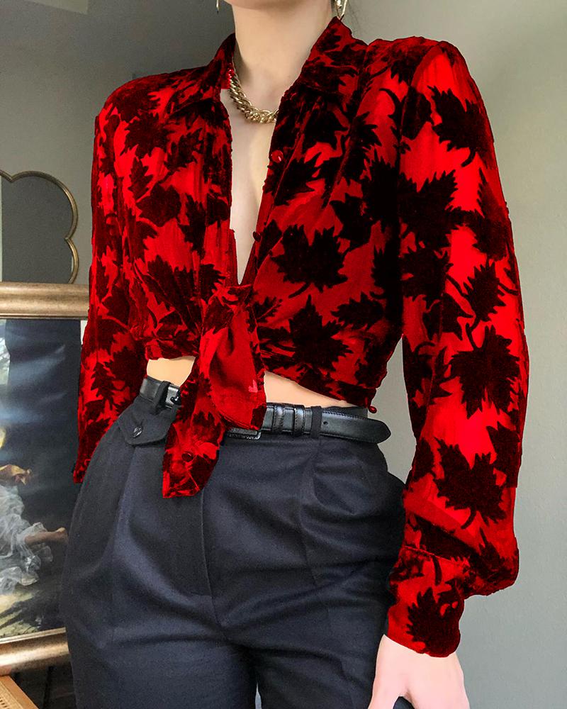 

Leaf Print See Through Knotted Blouse
