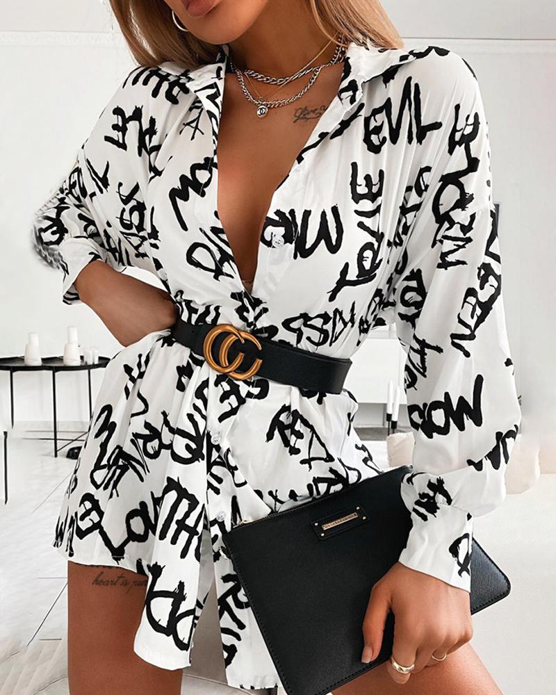 

Letter Print Long Sleeve Shirt Dress, White
