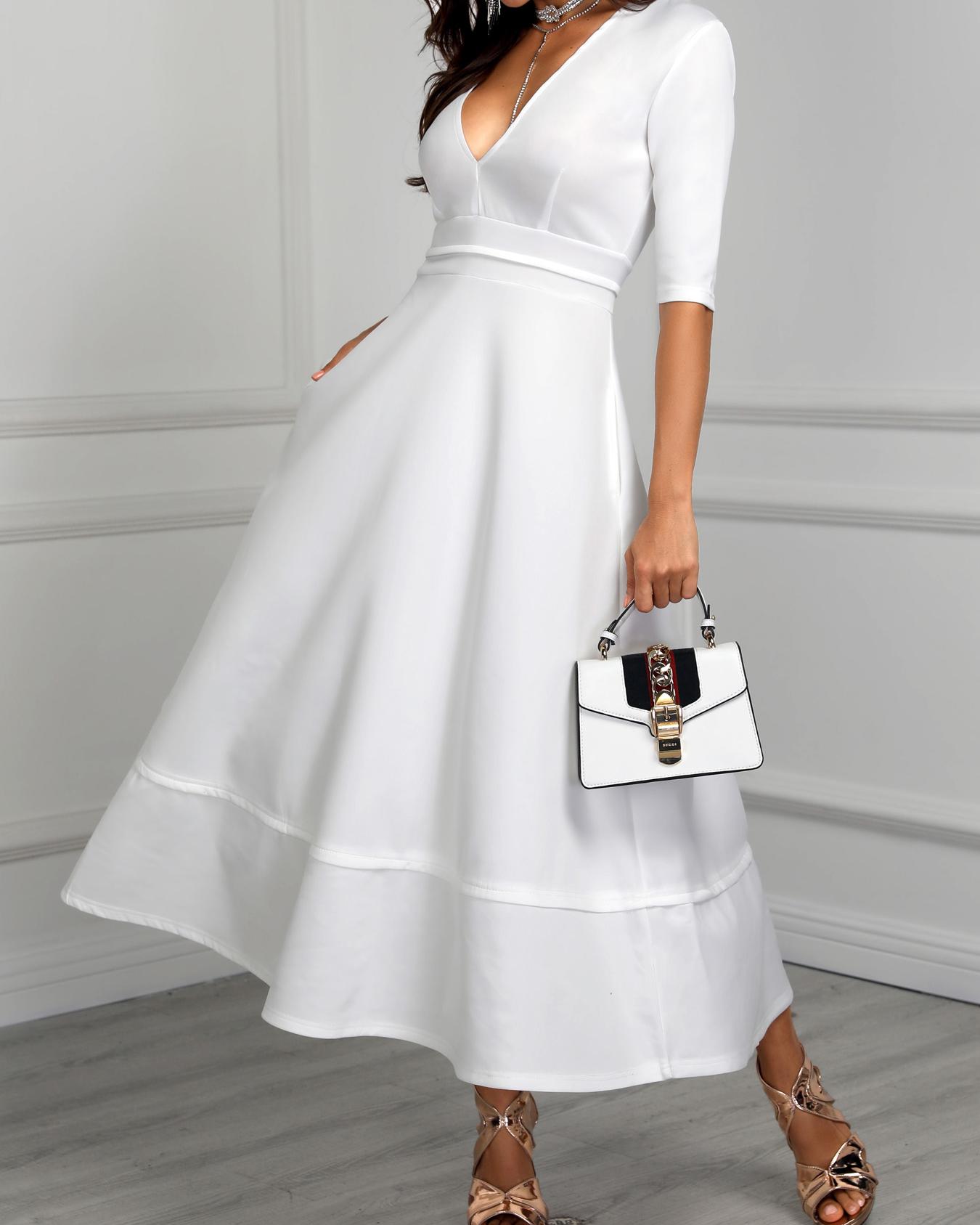 

New Style Pleated Deep V Neck High Waist Maxi Dress, White