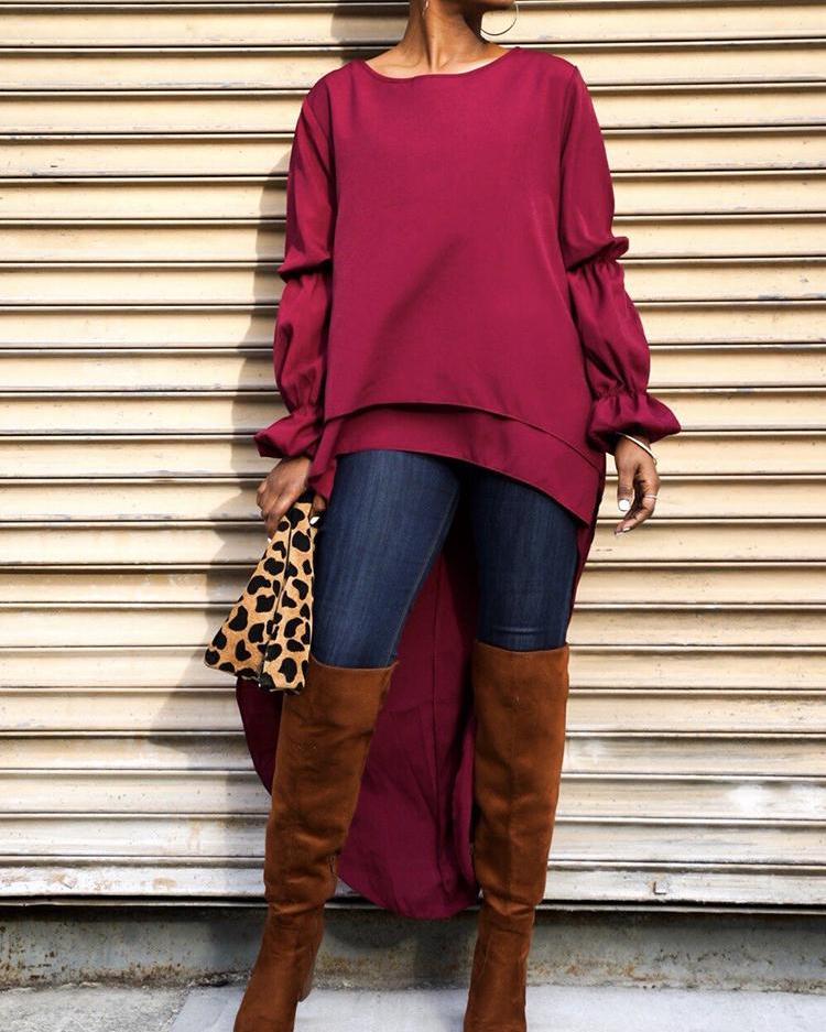 

Puff Sleeve Layered Dip Hem Blouse, Wine red