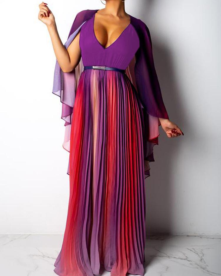 

Multi Color Cape Sleeve Pleated Maxi Dress