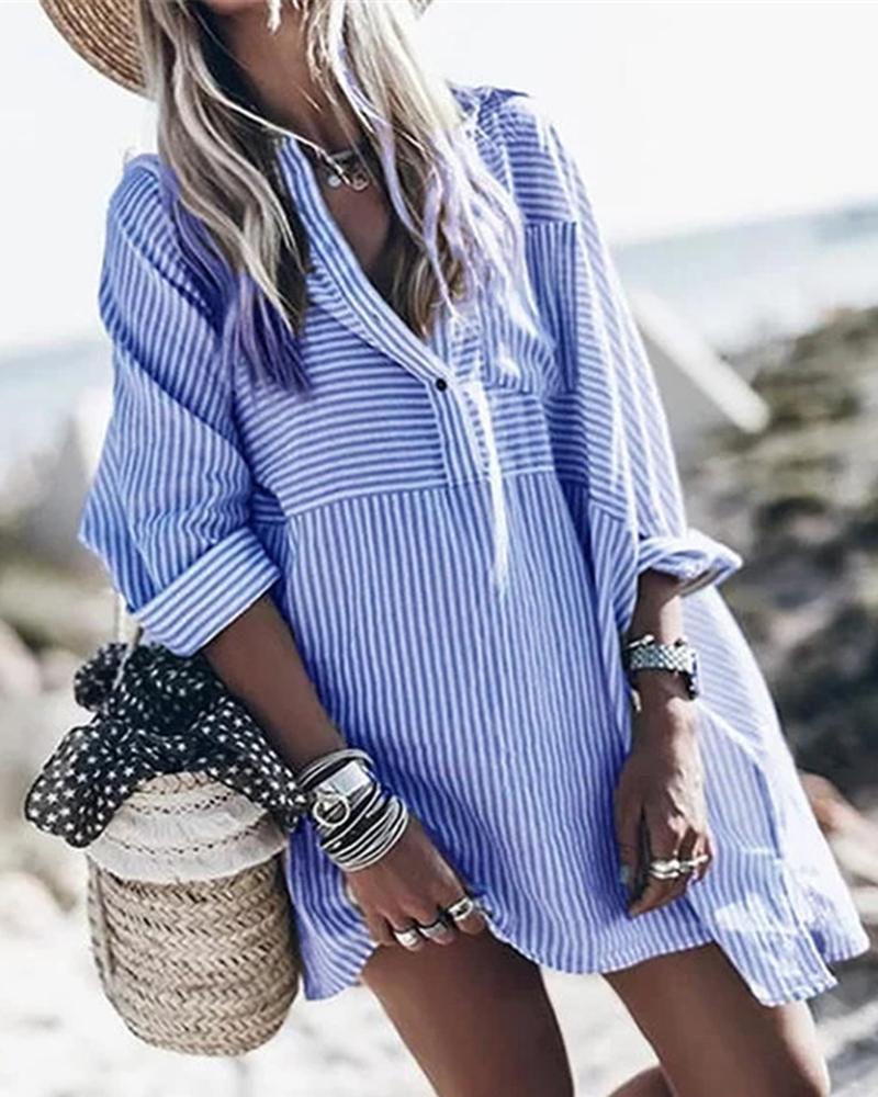 

Stiped Colorblock Button Design Casual Shirt, Blue