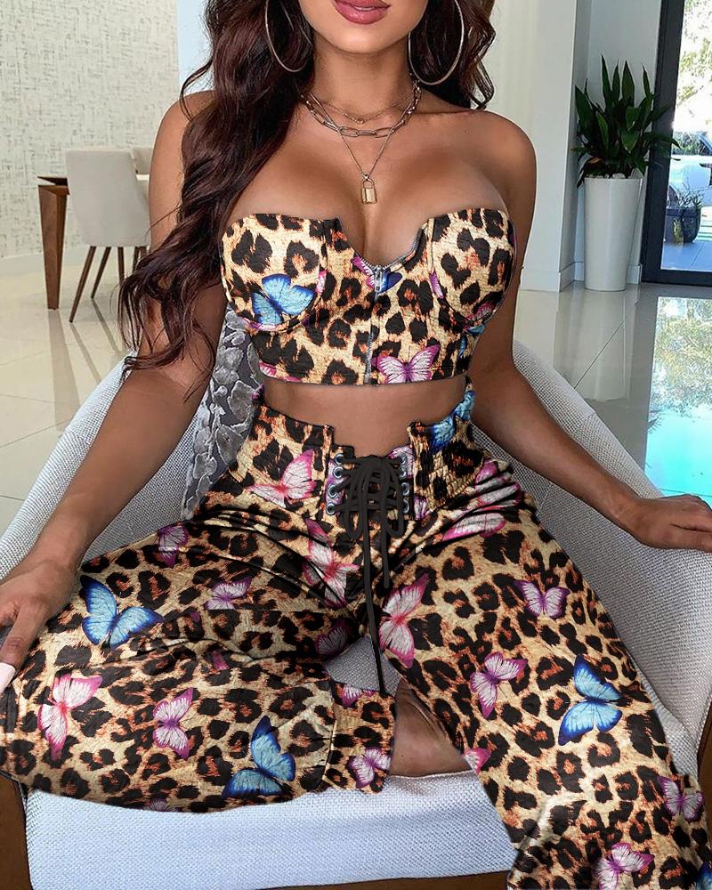 

Leopard Print Zipper Bandeau Top & Eyelet Lace-up Pants Set