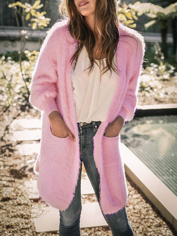 

Solid Fluffy Open Front Pocket Design Coat, Pink