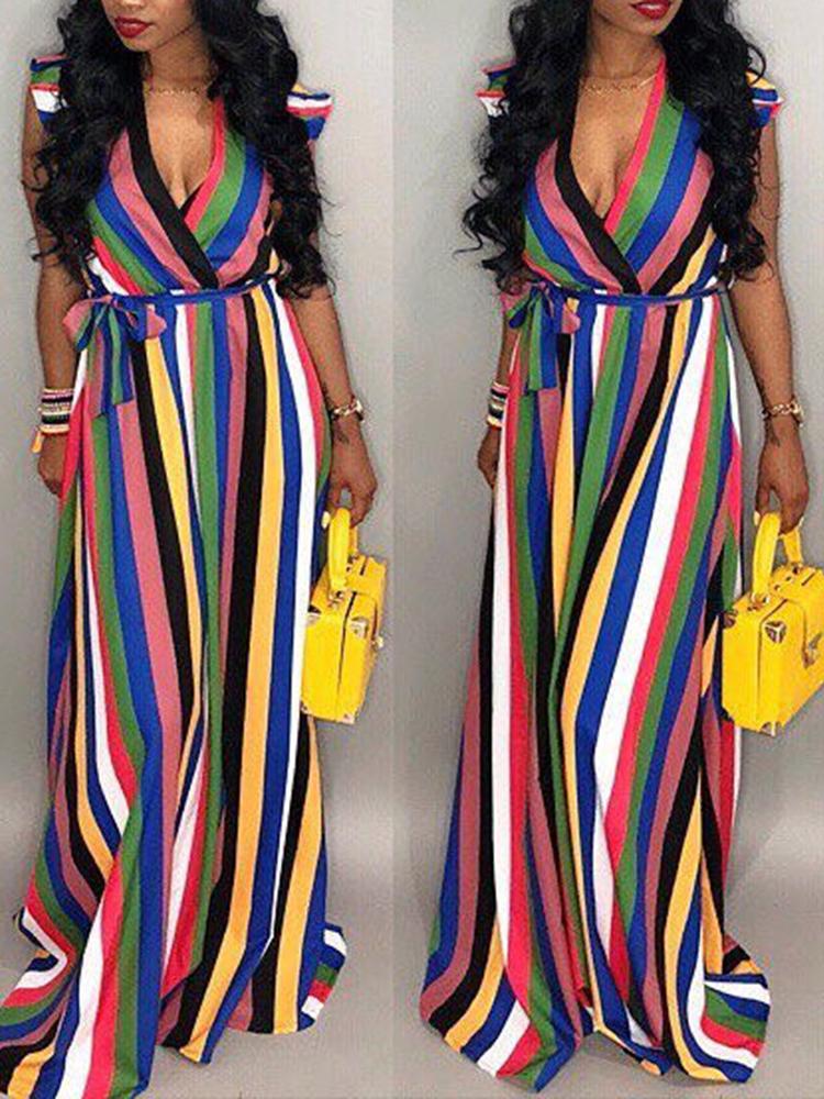 

Rainbow Color Striped Belted Casual Wrap Dress, Multicolor
