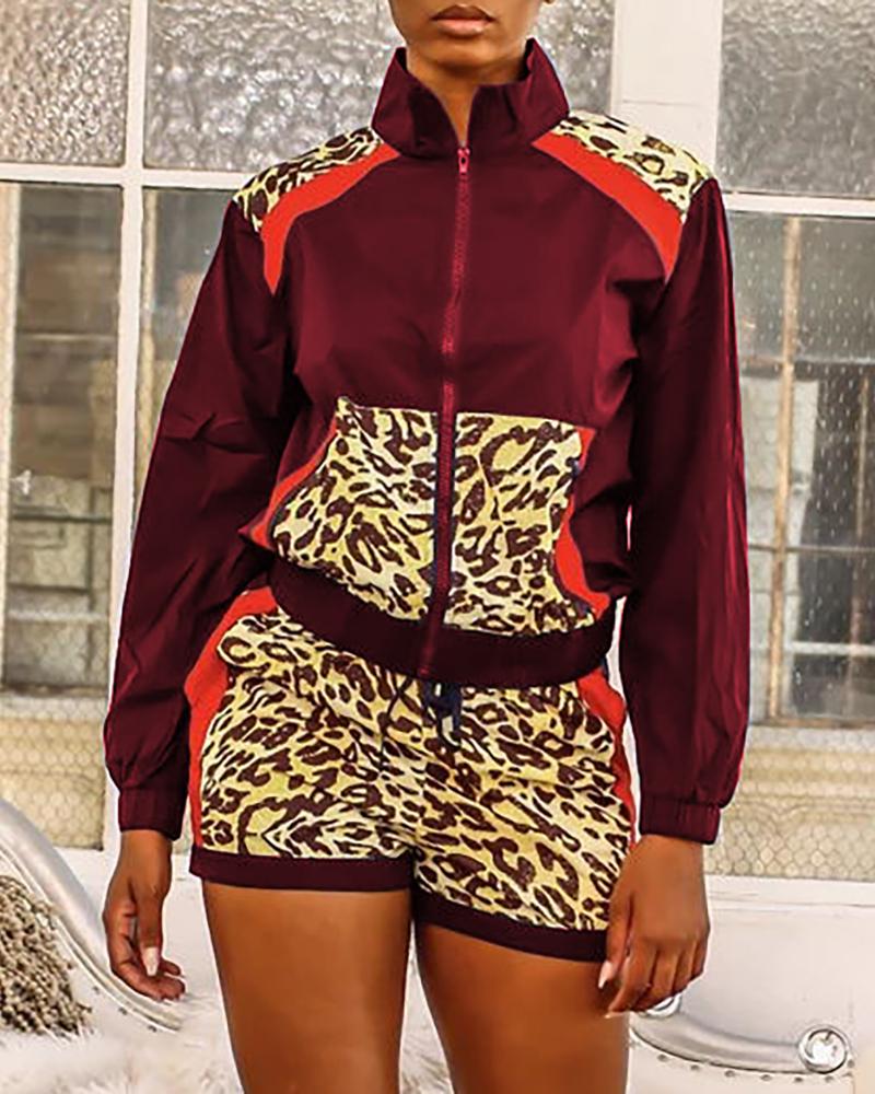 

Colorblock Leopard Print Zipper Sporty Top & Shorts Sets, Wine red