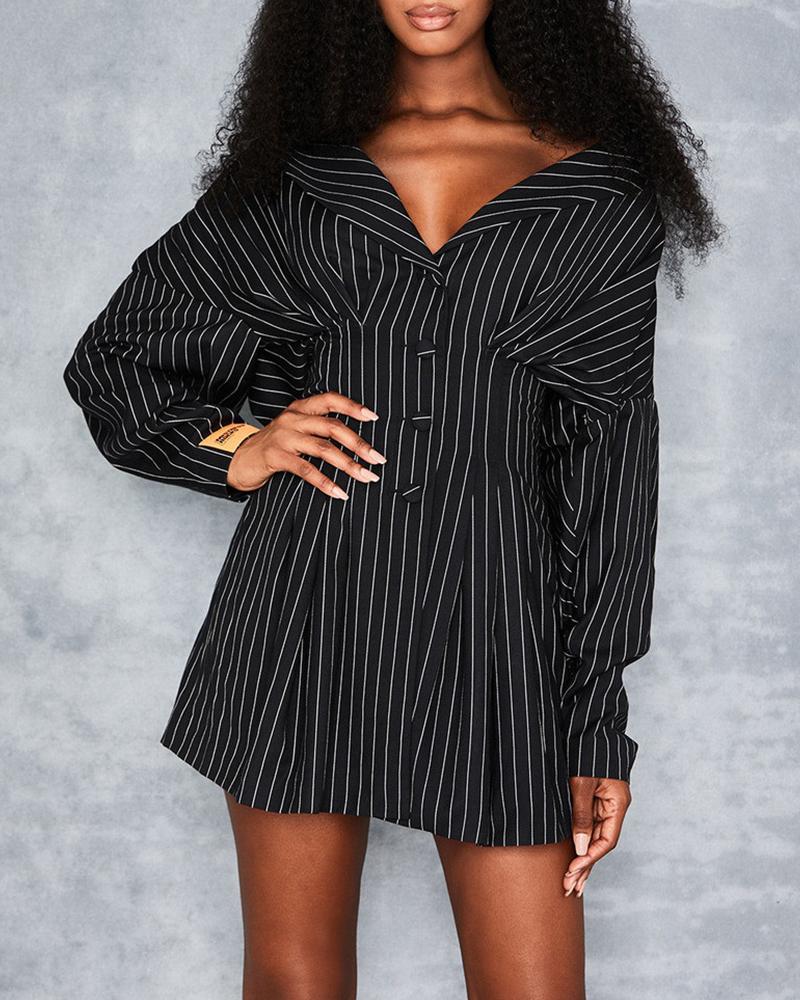 

V-Neck Pinstripes Long Sleeve Dress, Black