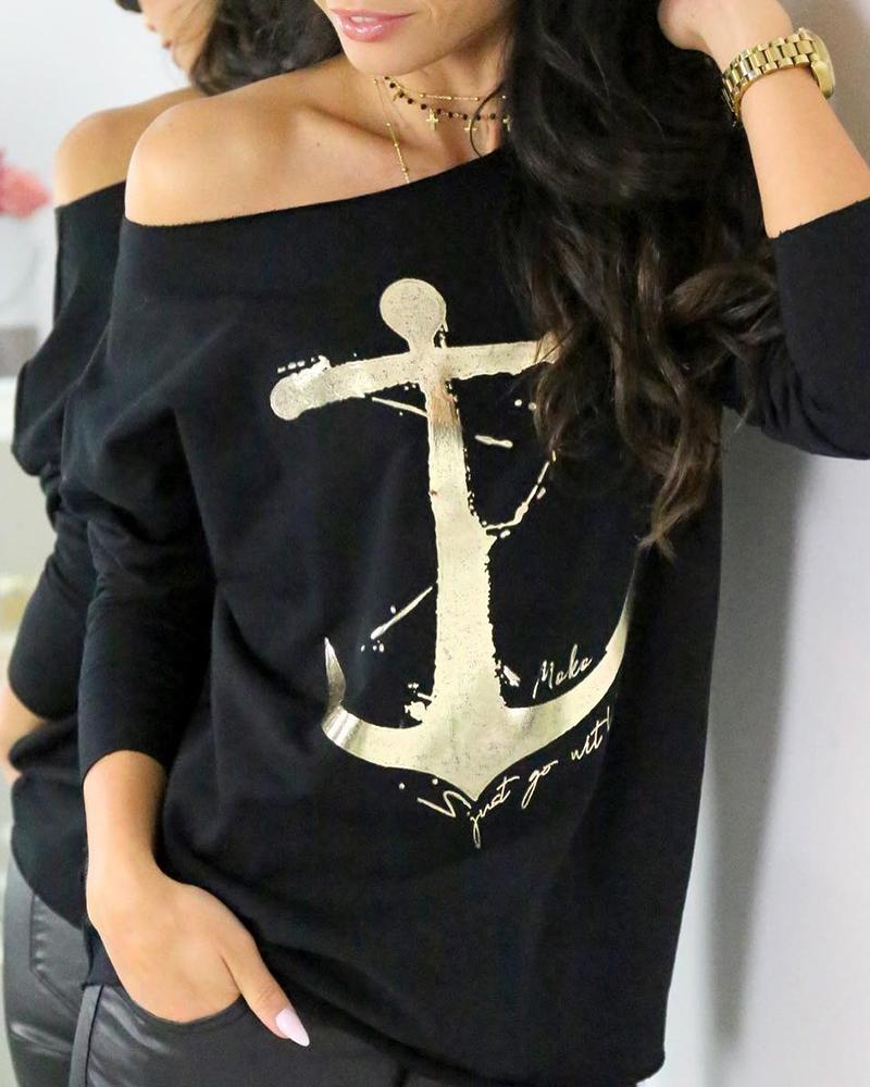 

Anchor Print Long Sleeve Casual T-Shirt, Black