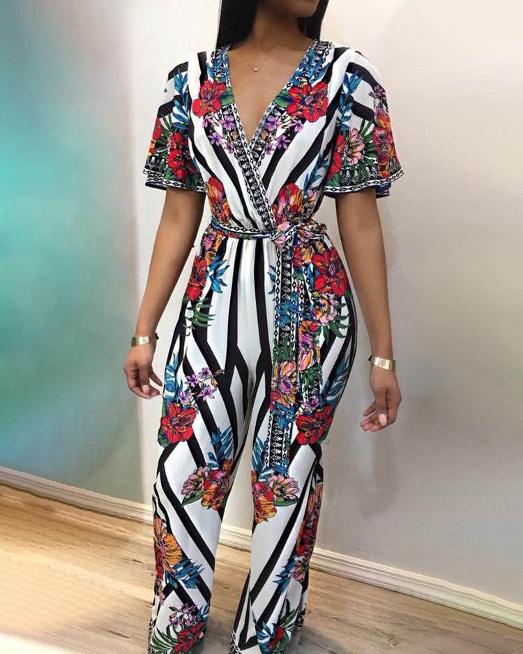 

Deep V Striped Floral Print Belted Jumpsuit, Multicolor