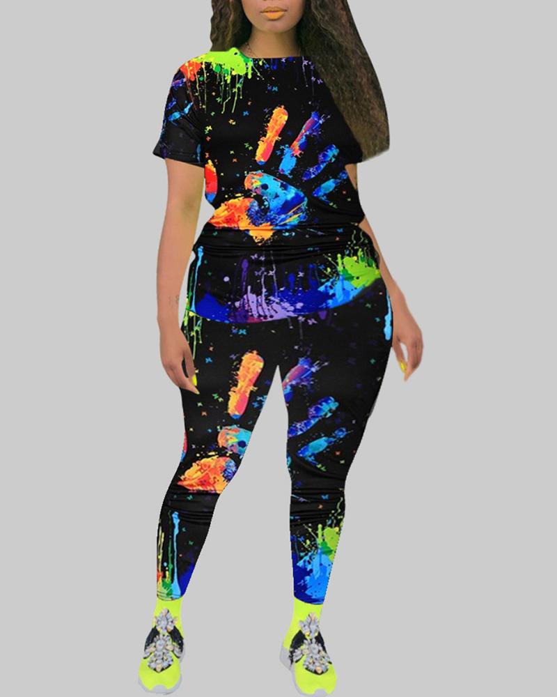 

Doodle Print Colorblock Top & Pants Set, Black