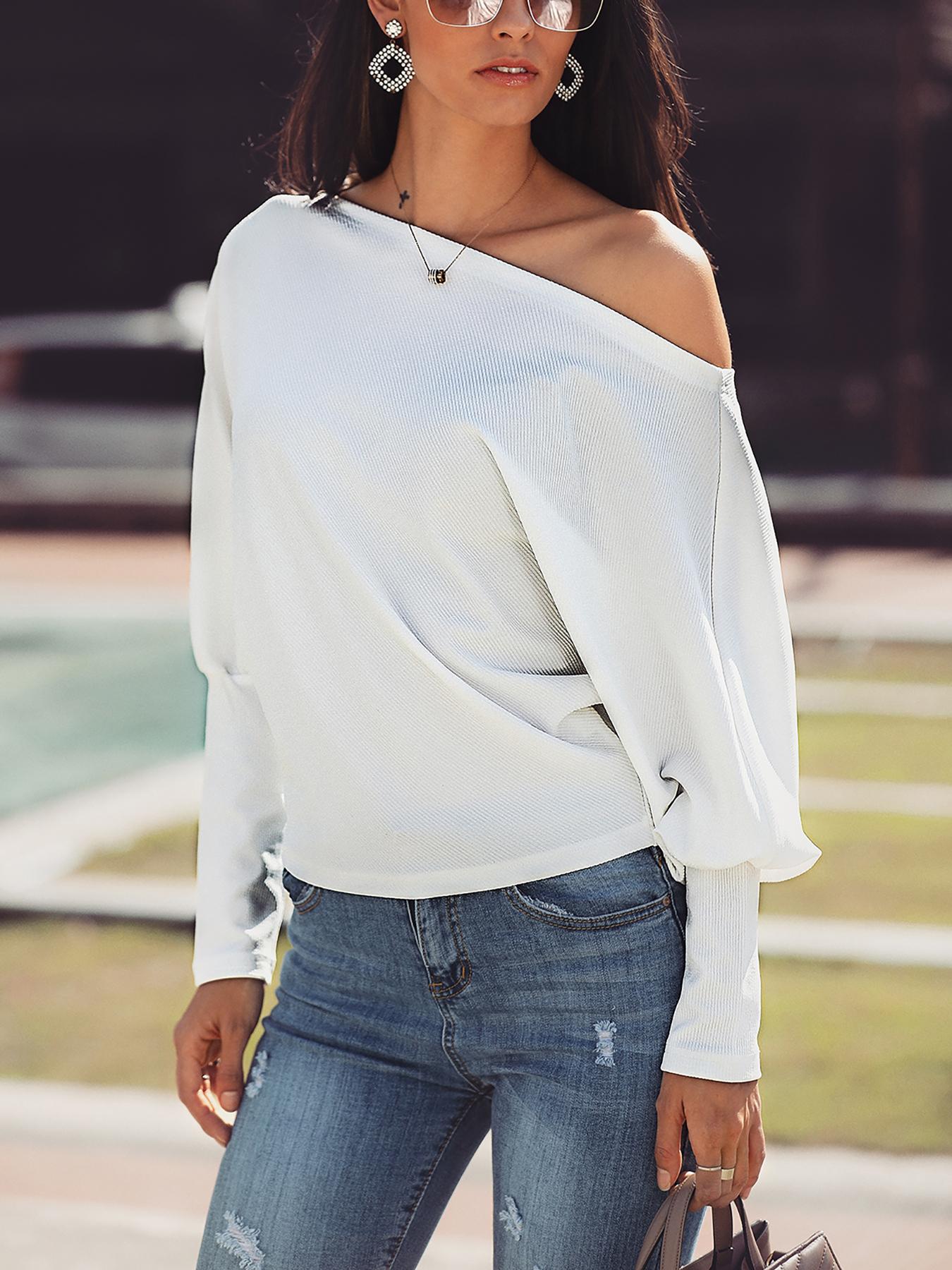 

Skew Neck Batwing Sleeve Casual Top, White