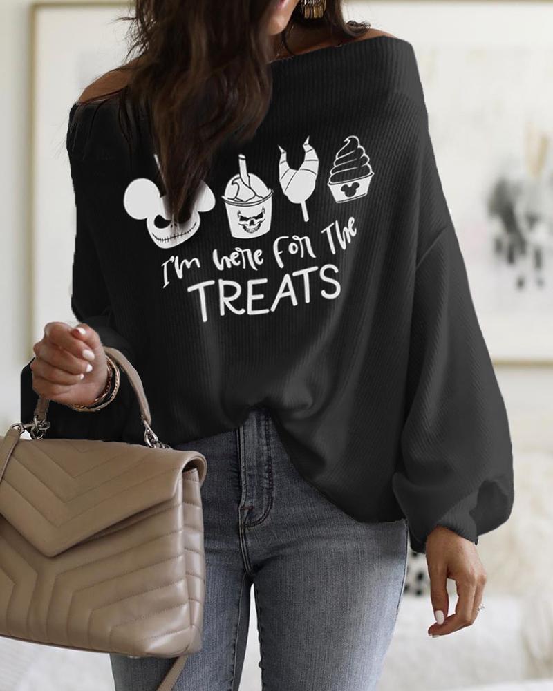 

Halloween Letter Cartoon Print Lantern Sleeve Top, Black