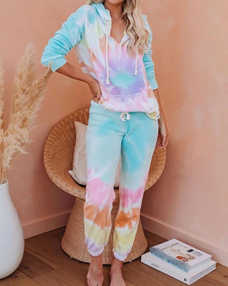 

Tie Dye Print Hooded Top & Drawstring Pants Set, Light blue
