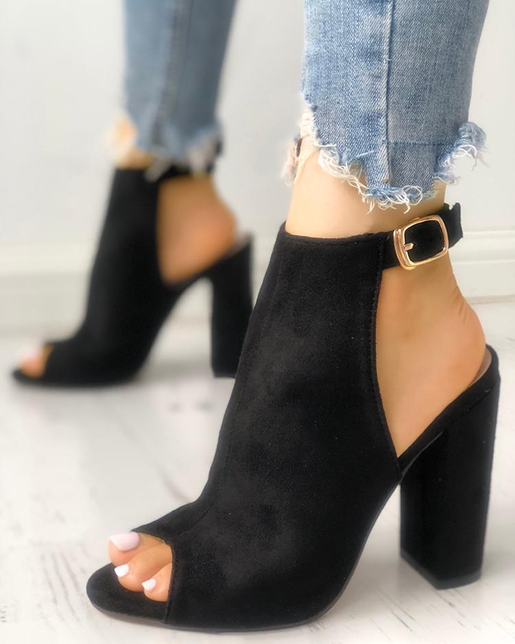 

Solid Suede Peep Toe Slingback Chunky Heels, Black