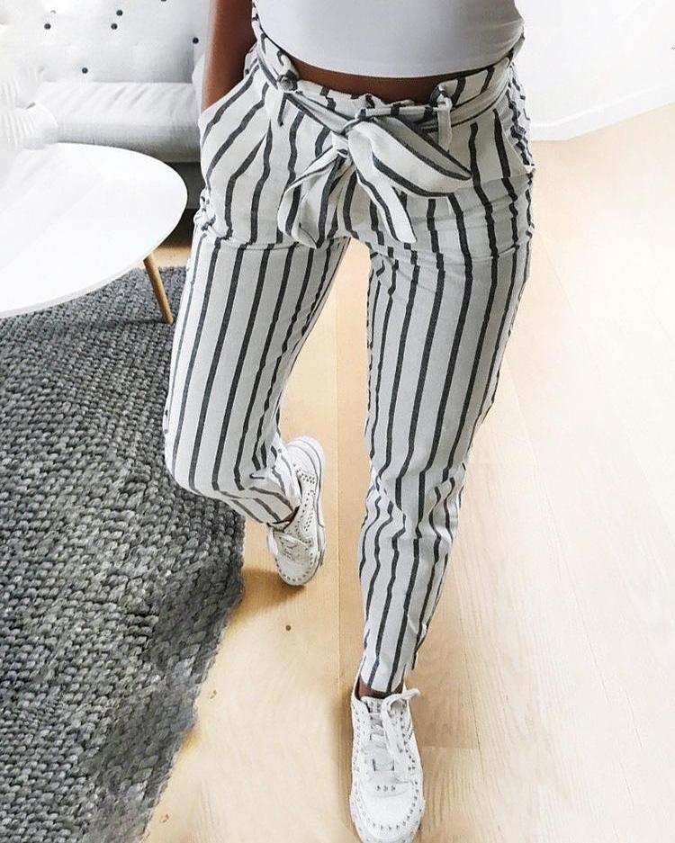

Fashion Striped Belted Casual Pants, White