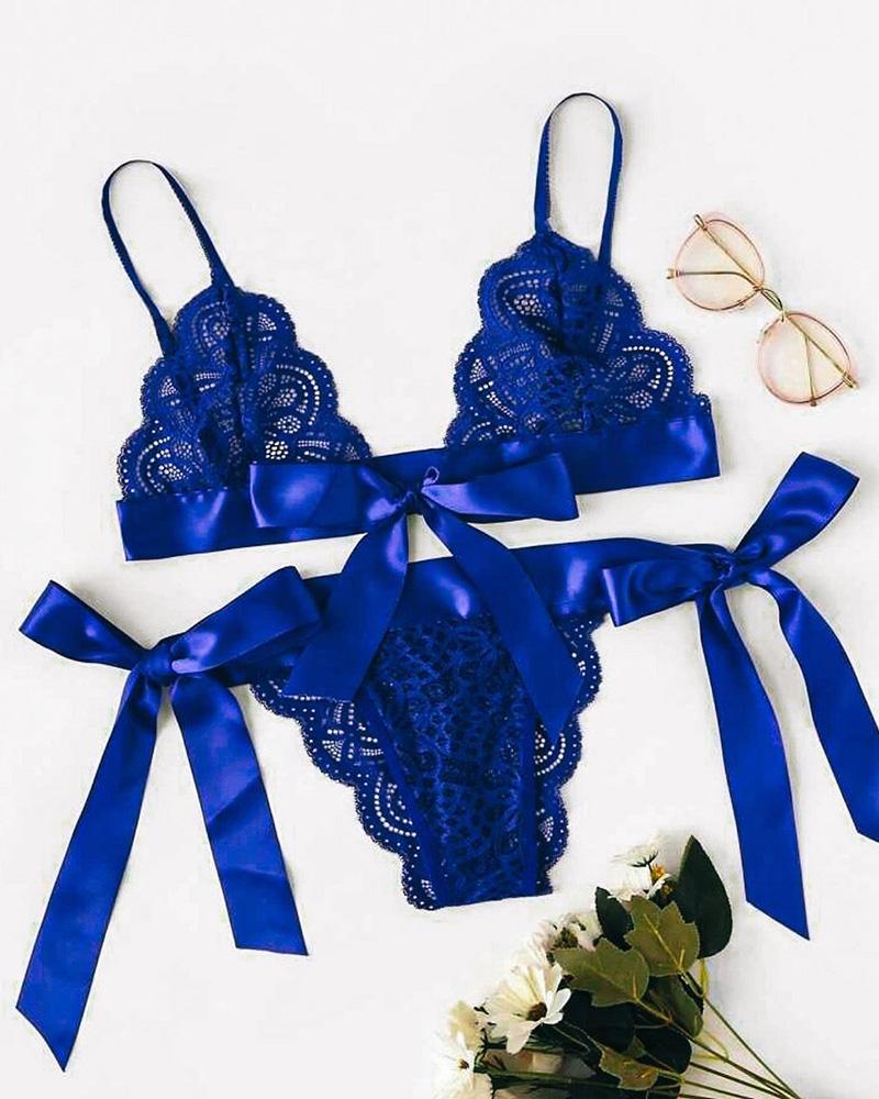

Scallop Trim Bowknot Decor Lace Bra Set, Blue