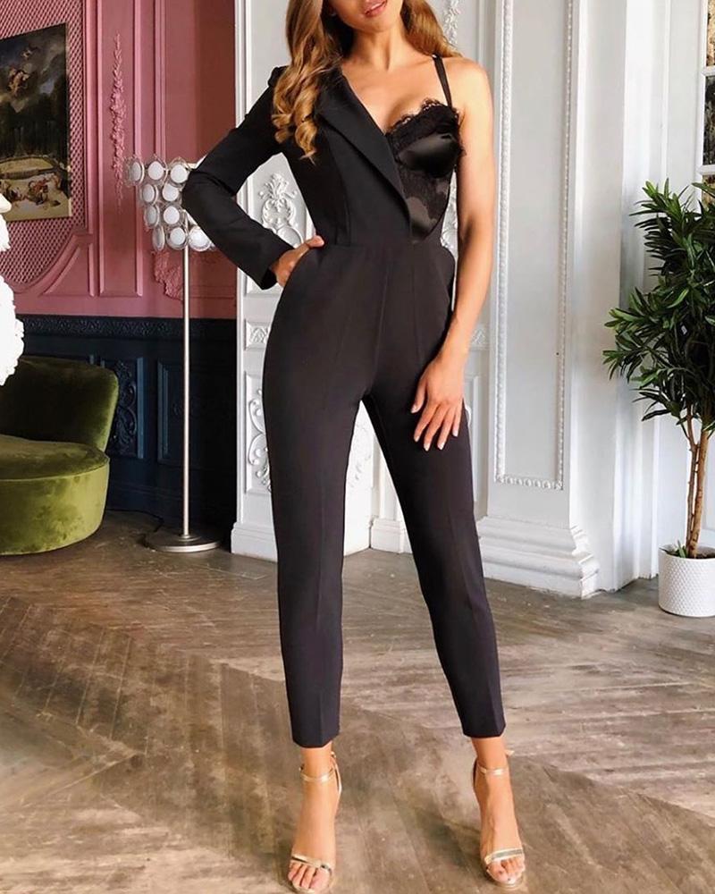 

One Sleeve Eyelash Lace Insert Irregular Jumpsuit