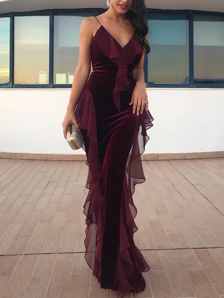 

Spaghetti Strap Mesh Ruffles Design Evening Dress, Wine red
