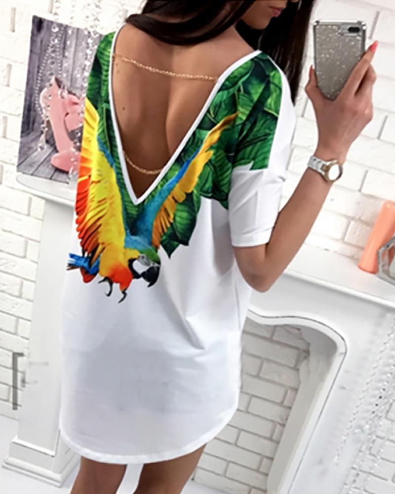 

Parrot Print Open Back T-Shirt Dress, White