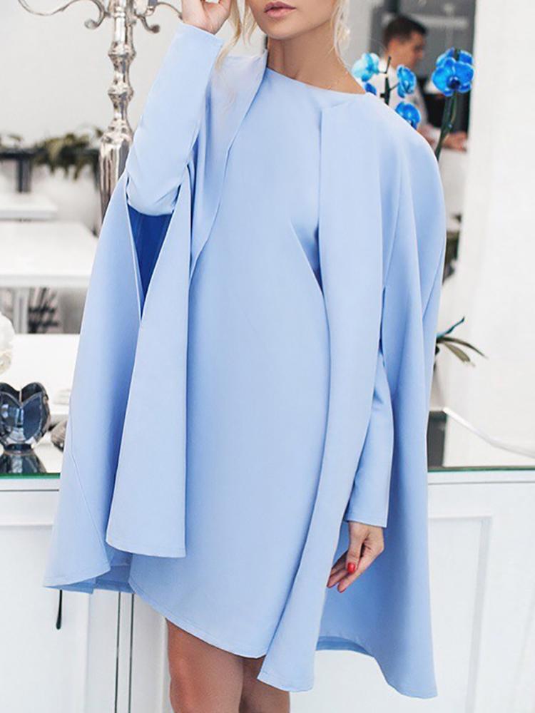 

Solid Long Sleeve Mini Dress With Cape, Light blue
