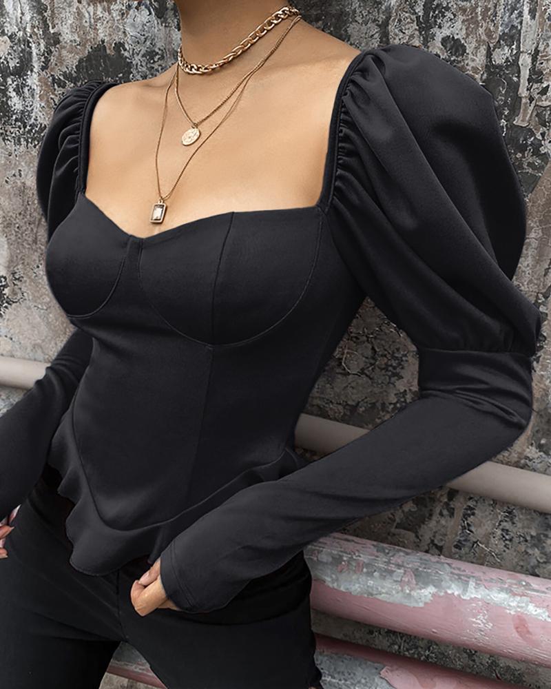 

Solid Square Neck Puff Sleeve Ruffles Blouse, Black