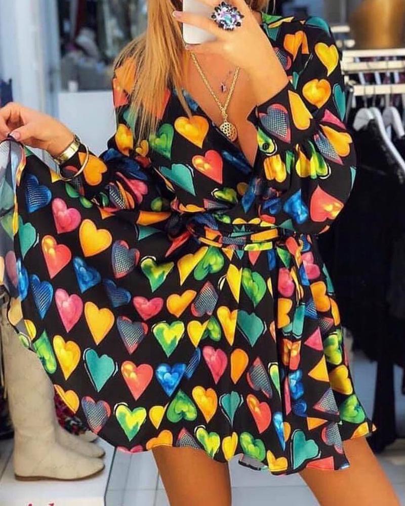 

Heart Print V-Neck Lantern Sleeve Casual Dress, Multicolor