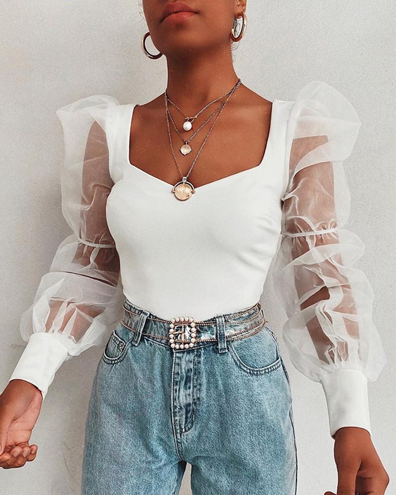 

Puffed Sleeve Mesh Blouse, White